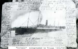 Troopship 'Ceramic' autographed by troops 13 May 1917