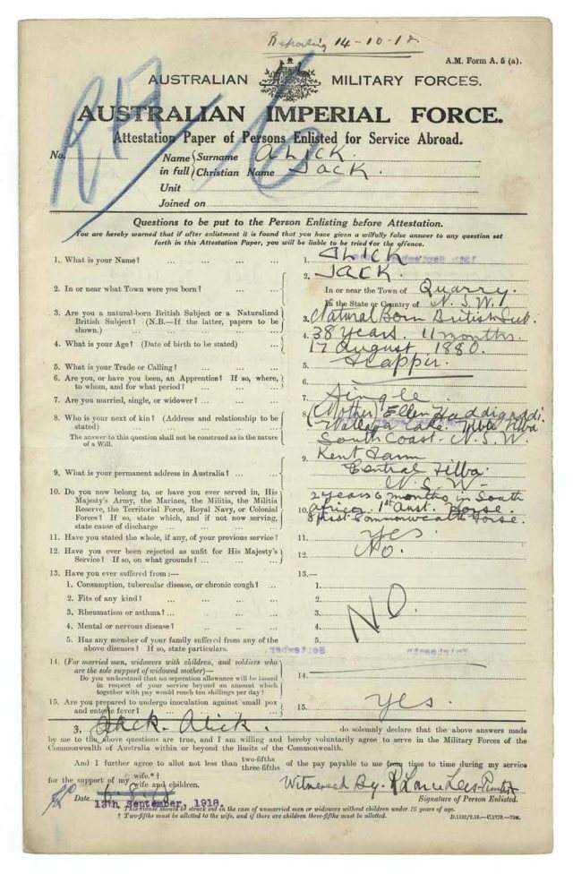 Jack Alick WW1 attestation NAA MT1486 1