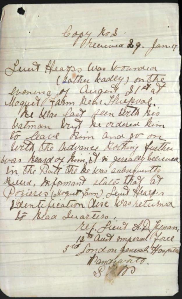 Lt A D Tynan on death of Alfred Hearps